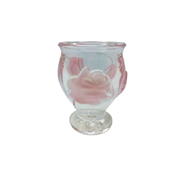 Vintage Teleflora Gifts Heavy Glass Flower Vase Featuring 3D Frosted Pink Rose D - Picture 7 of 13